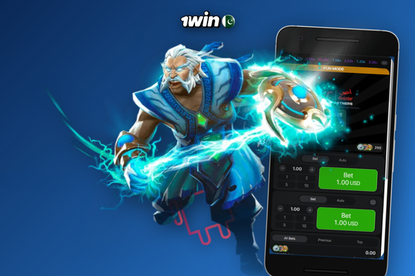 Hand holding phone with 1Win Aviator game crash screen available to download