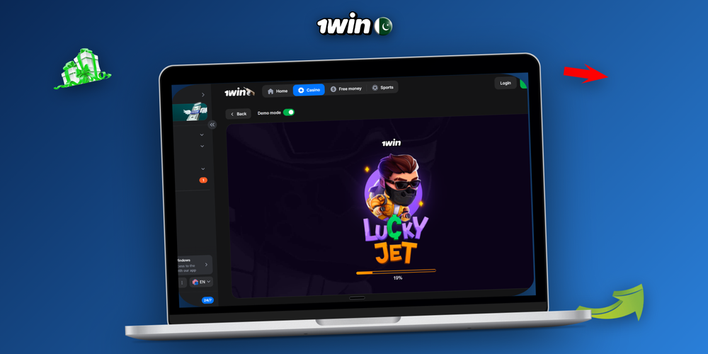 1Win Lucky Jet game interface showing multiplier curve and dual bet panels