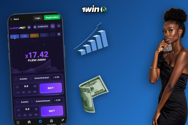 1Win LuckyJet split screen with two bet panels and separate cashout targets