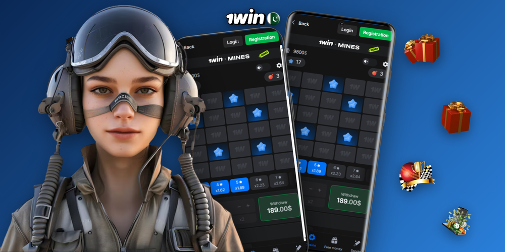 1Win Mines board beside a rising multiplier curve on safe green tiles