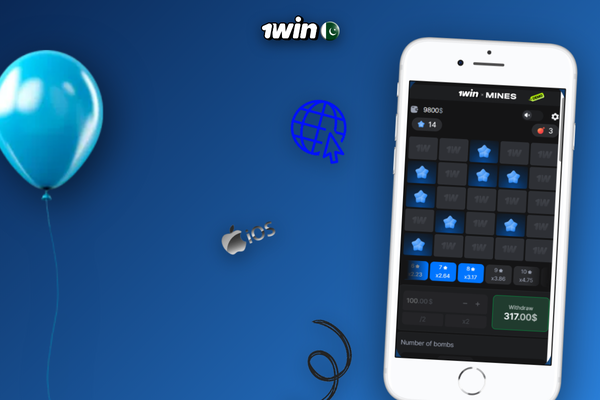 1Win Mines game on mobile with gems revealed and cash-out button visible