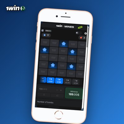 1Win Mines balanced play grid with five mines and a x2.4 multiplier badge
