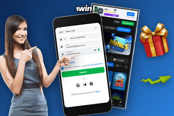 1Win partners APK on smartphone displaying mobile commission dashboard and earnings graph