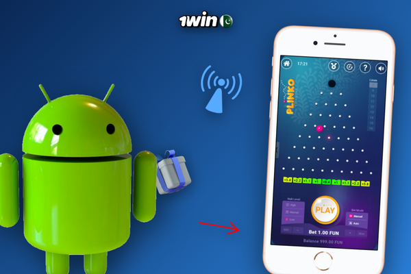 1Win Plinko app download interface on Android showing risk-level and row controls