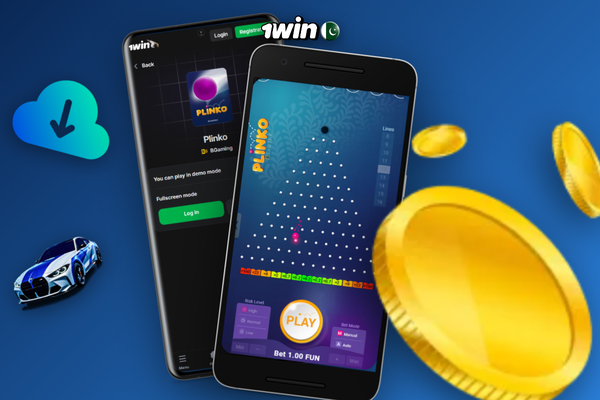 1Win Plinko casino demo mode displaying a virtual balance chip and board watermark