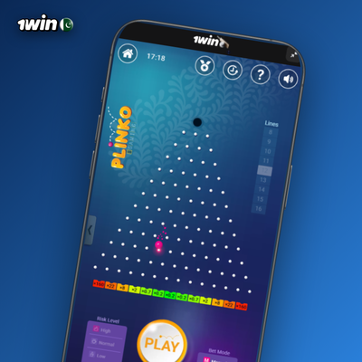 Plinko 1Win board set to medium risk with 12 rows and amber-tinted multiplier spread